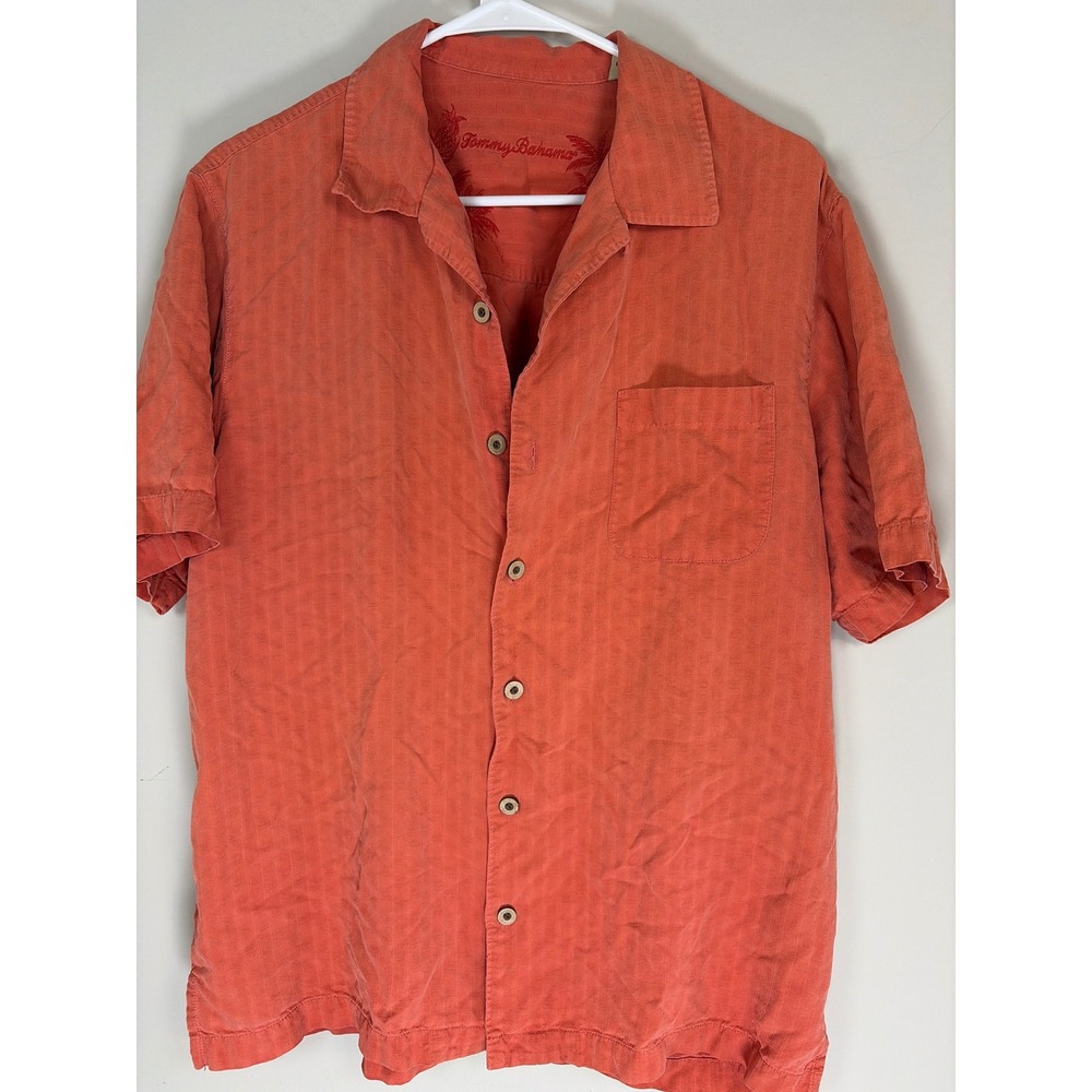 Tommy Bahama Mens Silk Camp Shirt Coral Orange Short Sleeve Textured Stripe M